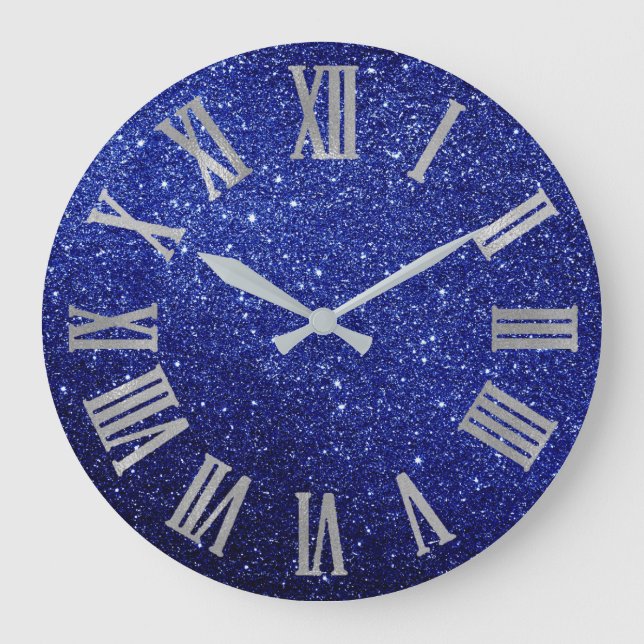 Blue Navy Glitter Silver GrayMetallic Roman Numers Large Clock (Front)