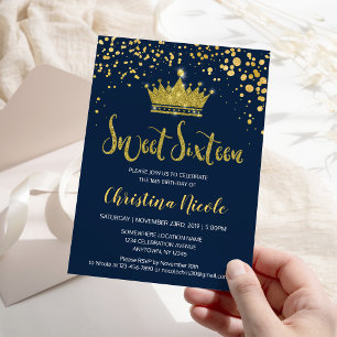 Blue Navy Gold Confetti Elegant Sweet 16 Invitation