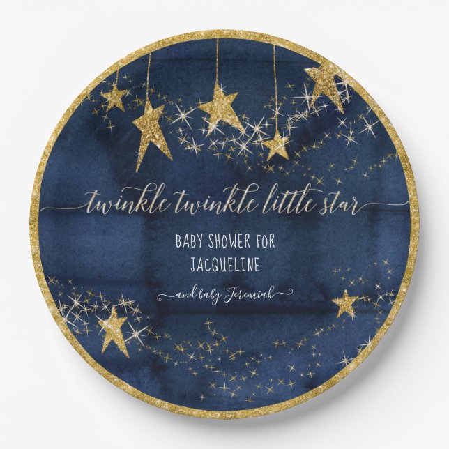 Blue Navy Gold Twinkle Little Star Boy Baby Shower Paper Plate (Front)