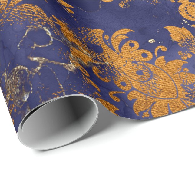 Blue Navy  Honey Gold Floral Grungy Shabby Chic Wrapping Paper (Roll Corner)