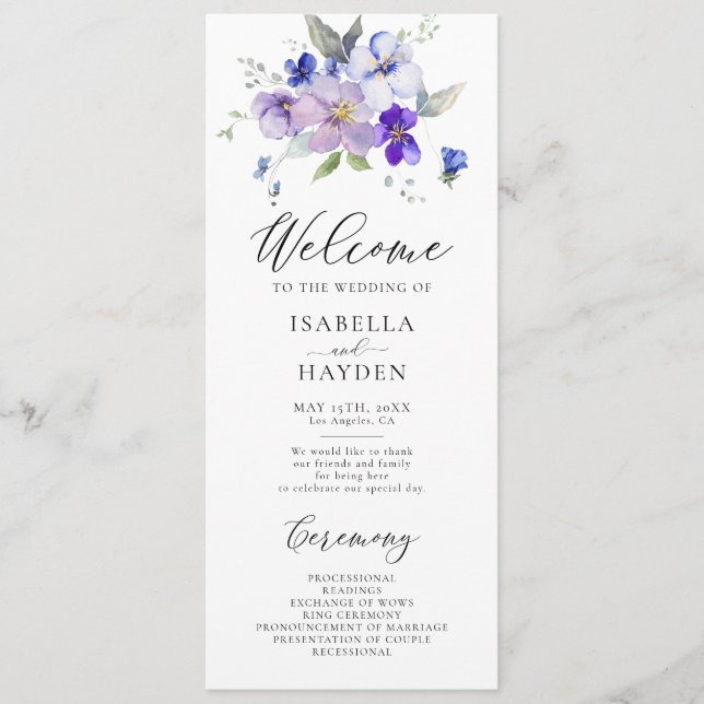 Blue Navy Lavender Lilac Floral Rustic Wedding Program (Front)