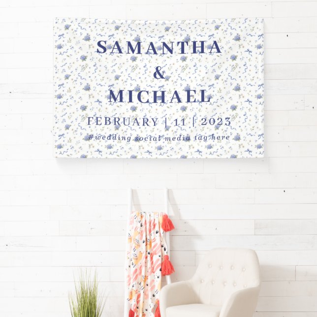 Blue Navy Minimalist Floral Patterned Wedding Banner (Insitu)