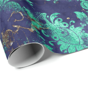 Blue Navy Mint Green Floral Grungy Shabby Chic Wrapping Paper