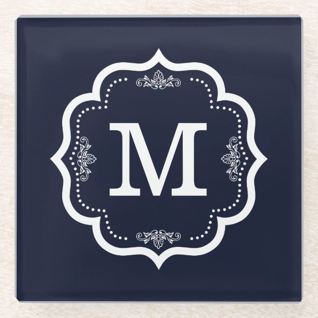 Blue Navy   Monogram Glass Coaster (Front)