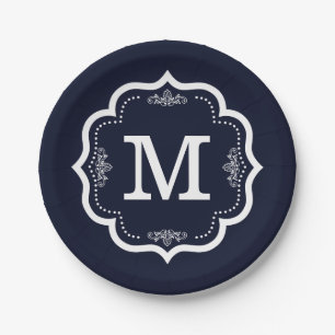 Blue Navy Monogram Paper Plate