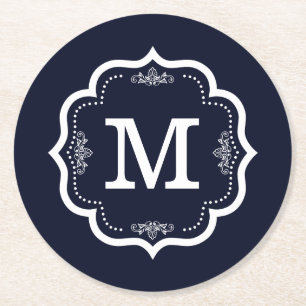 Blue Navy Monogram Round Paper Coaster