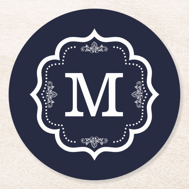 Blue Navy   Monogram Round Paper Coaster (Front)