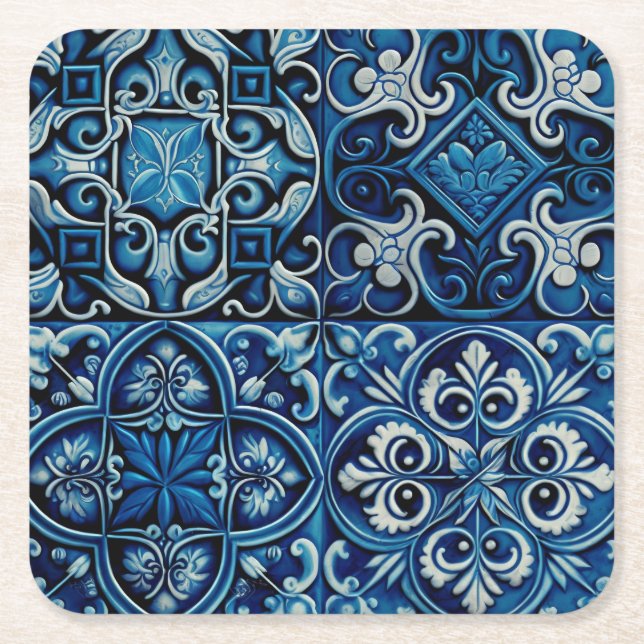 Blue navy mosaic tile. Abstract floral pattern Square Paper Coaster (Front)