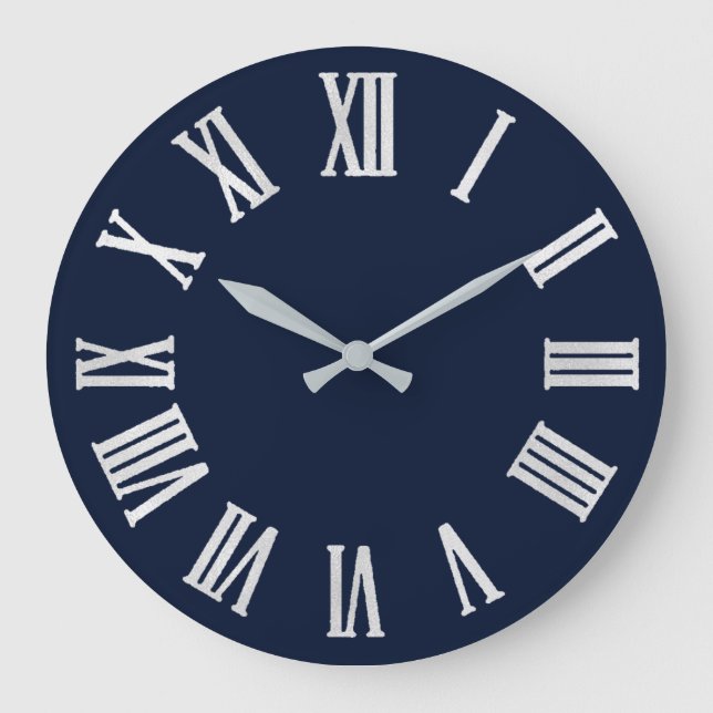 Blue Navy Nauti Grey Metallic Silver Roman Numbers Large Clock (Front)