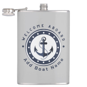 Blue Navy Nautical Anchor yacht club boat marina Hip Flask