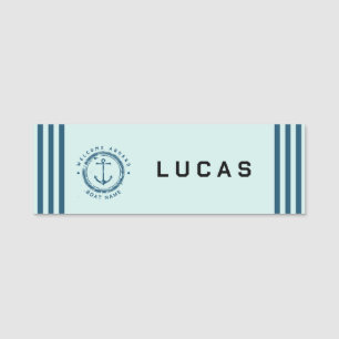 Blue Navy Nautical Anchor yacht club boat Retro Na Name Tag