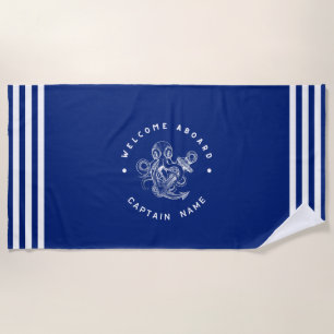 Blue Navy Nautical Anchor yacht club retro octopus Beach Towel