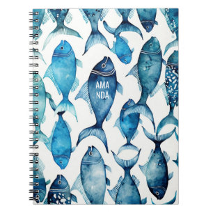 Blue & Navy Ocean Fish   Nautical Sea Kids School  Notebook