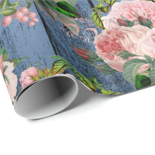 Blue Navy Pink Gold Woodland Rustic Floral Green Wrapping Paper