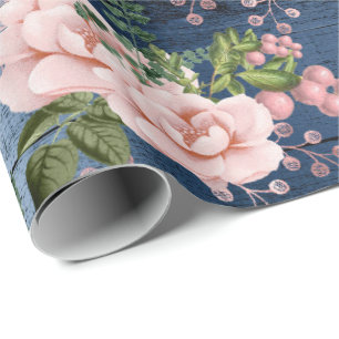 Blue Navy Pink Roses Woodland Rustic Floral Green Wrapping Paper