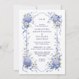 Blue Navy Porcelain Floral Classic Wedding Invitation
