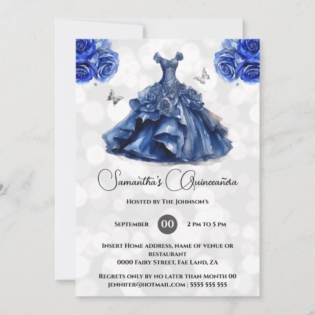 Blue navy princess Quinceañera ballgown roses Invitation (Front)