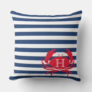Blue Navy Red Crab Nautical Modern Stripes Outdoor Cushion