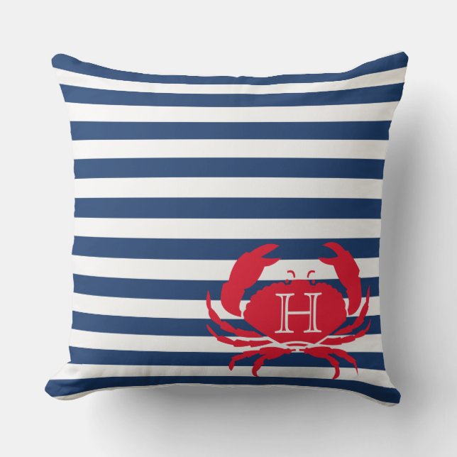 Blue Navy Red Crab Nautical Modern Stripes Outdoor Cushion (Front)