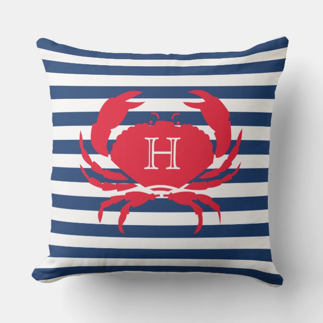 Blue Navy Red Crab Nautical Modern Stripes Outdoor Cushion (Front)
