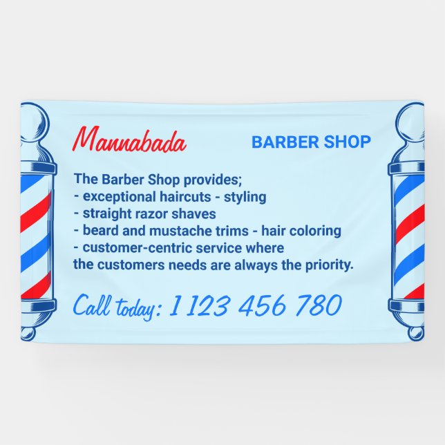 Blue Navy Red Pole Supply Service Barber Shop Banner (Horizontal)