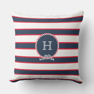 Blue Navy Red White Nautical Monogram Stripes  Cushion