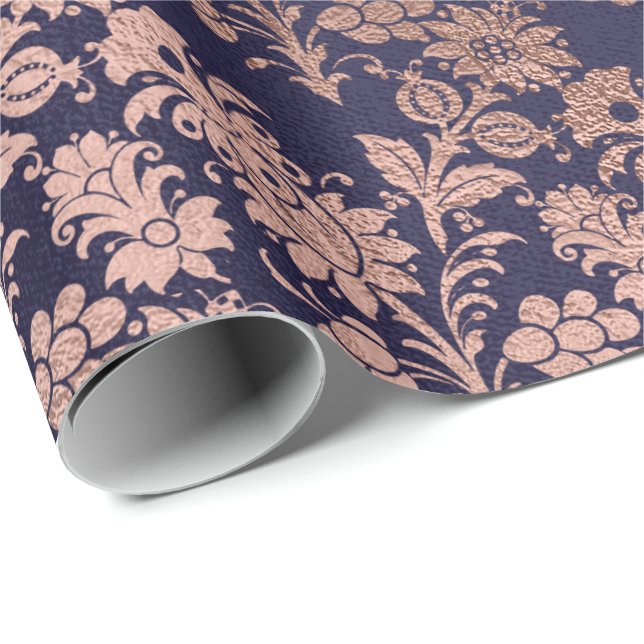 Blue Navy Royal Silver Rose Gold Powder Floral Wrapping Paper (Roll Corner)