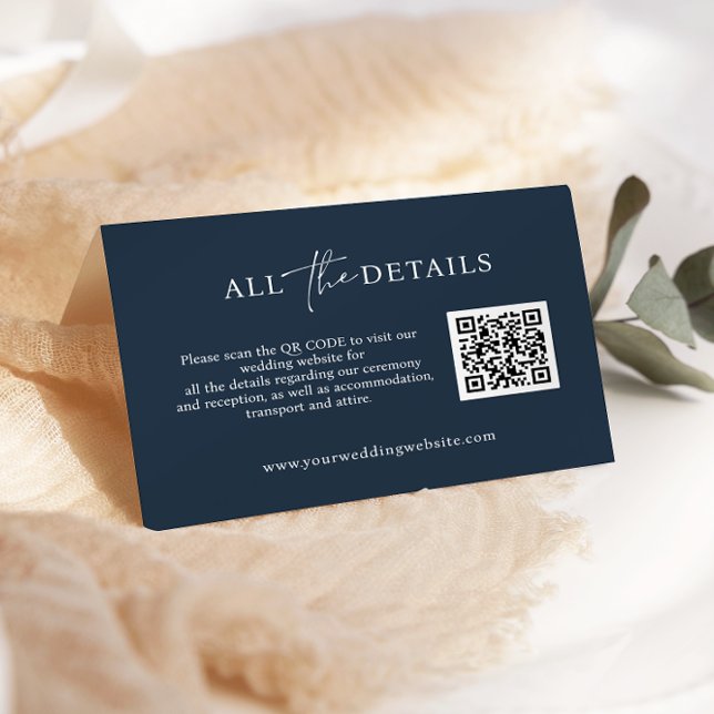 Blue Navy Script simple QR Code Wedding Detail Enclosure Card (Creator Uploaded)