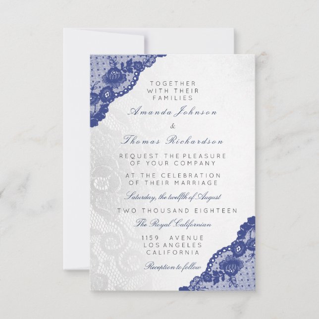 Blue Navy Silver Grey Lace Wedding Delicate Invitation (Front)