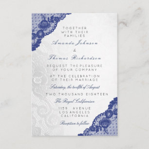 Blue Navy Silver Grey Lace Wedding Delicate Invitation