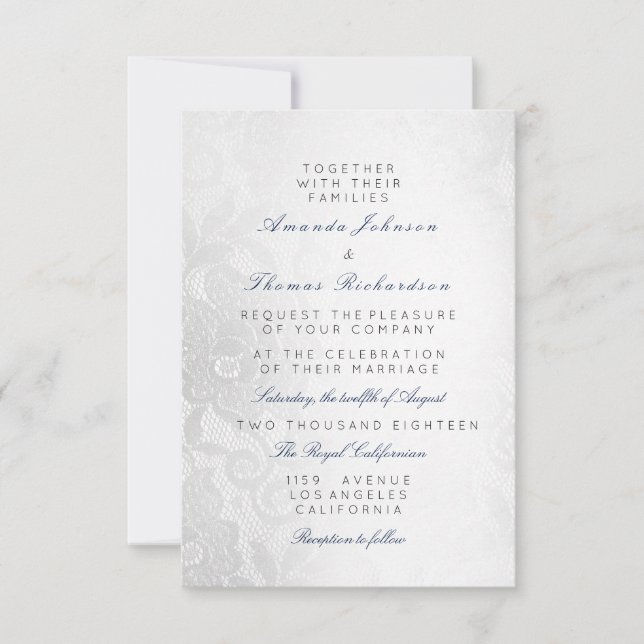 Blue Navy Silver Grey Lace Wedding Floral Invitation (Front)