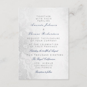 Blue Navy Silver Grey Lace Wedding Floral Invitation