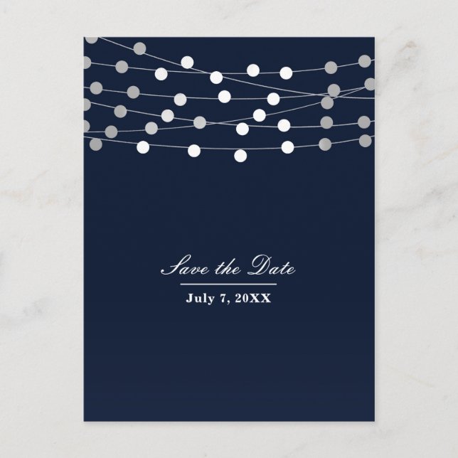 Blue Navy String Lights Modern Chic Save the Date Announcement Postcard (Front)