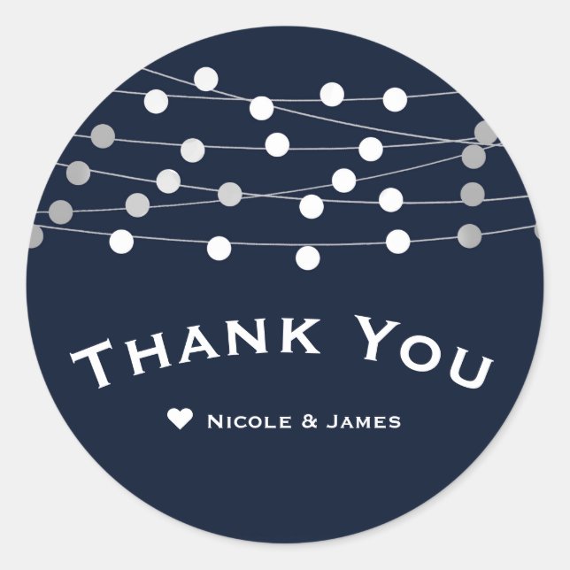 Blue Navy String Lights Modern Chic Wedding Favour Classic Round Sticker (Front)