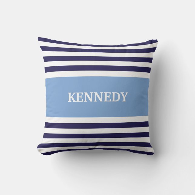 Blue & Navy Stripes & Monogram Cushion (Front)