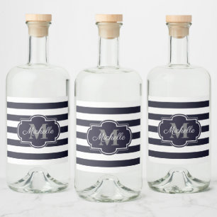 Blue Navy Stripes Pattern Liquor Bottle Label