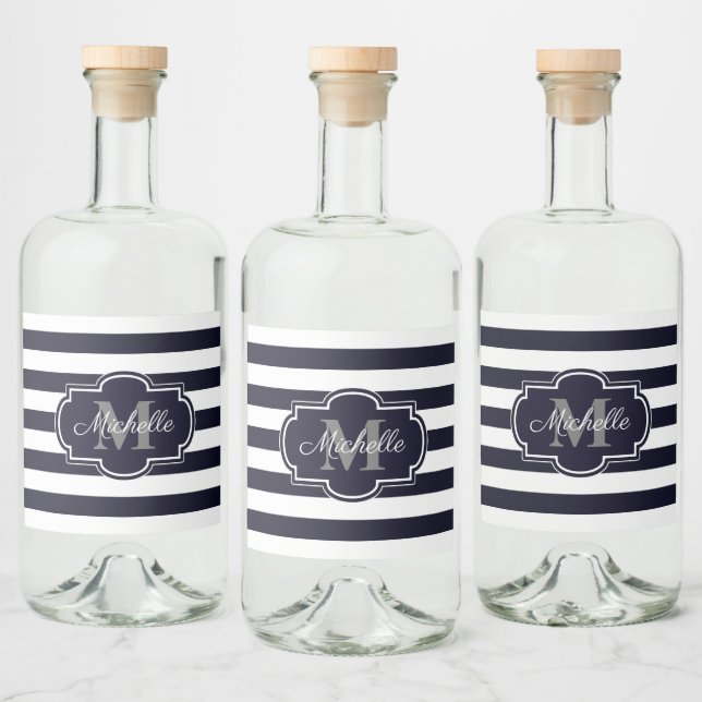Blue Navy Stripes Pattern Liquor Bottle Label (Bottles)