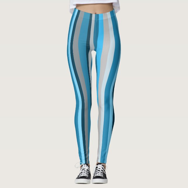 Blue Navy Tan Vertical Striped Leggings (Front)