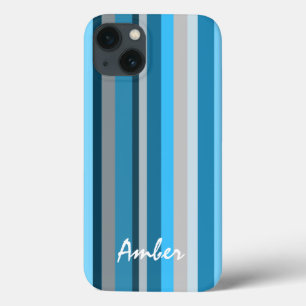 Blue Navy Tan Vertical Striped Personalised iPhone 13 Case