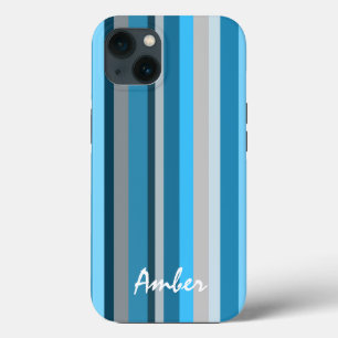 Blue Navy Tan Vertical Striped Personalised iPhone 13 Case
