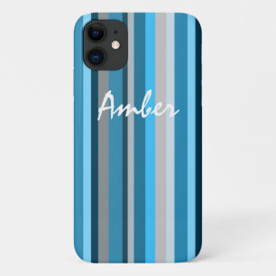 Blue Navy Tan Vertical Striped Personalised iPhone 11 Case