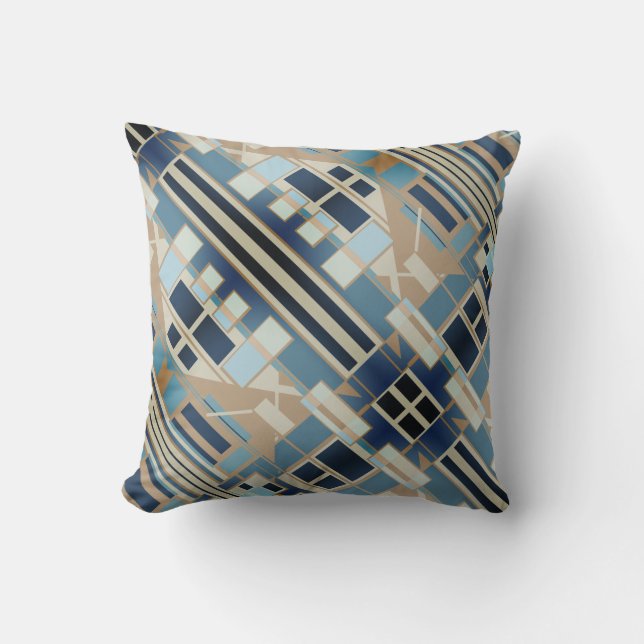 Blue Navy Taupe Beige Slanted Mediterranean Mosaic Cushion (Front)