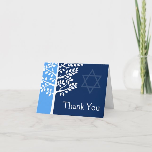 Blue Navy Tree of Life Bar Mitzvah Thank You Card (Front)