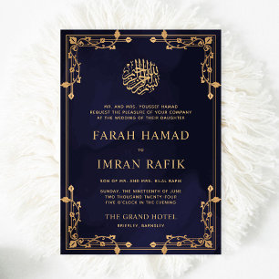 Blue Navy Vintage Gold Border Muslim Wedding Invitation