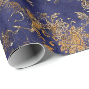 Blue Navy Warm Gold Floral Grungy Shabby Chic Wrapping Paper