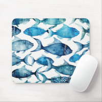 Blue & Navy Watercolor Fish | Coastal Ocean Desk