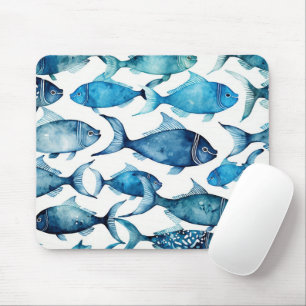 Blue & Navy Watercolor Fish Coastal Ocean Desk Mouse Pad
