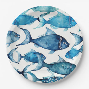 Blue & Navy Watercolor Fish   Ocean Nautical Kids Paper Plate