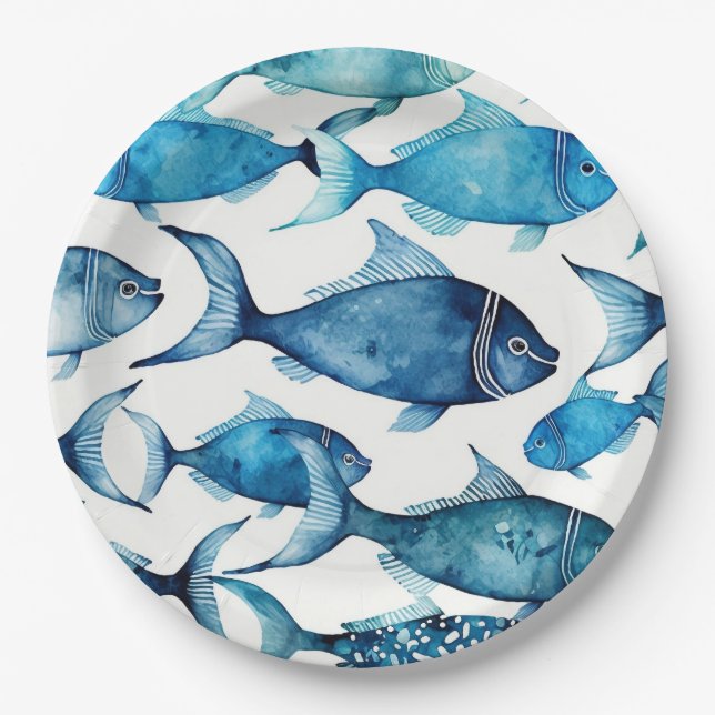 Blue & Navy Watercolor Fish | Ocean Nautical Kids Paper Plate (Front)