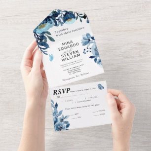 Blue navy watercolor floral wedding all in one invitation